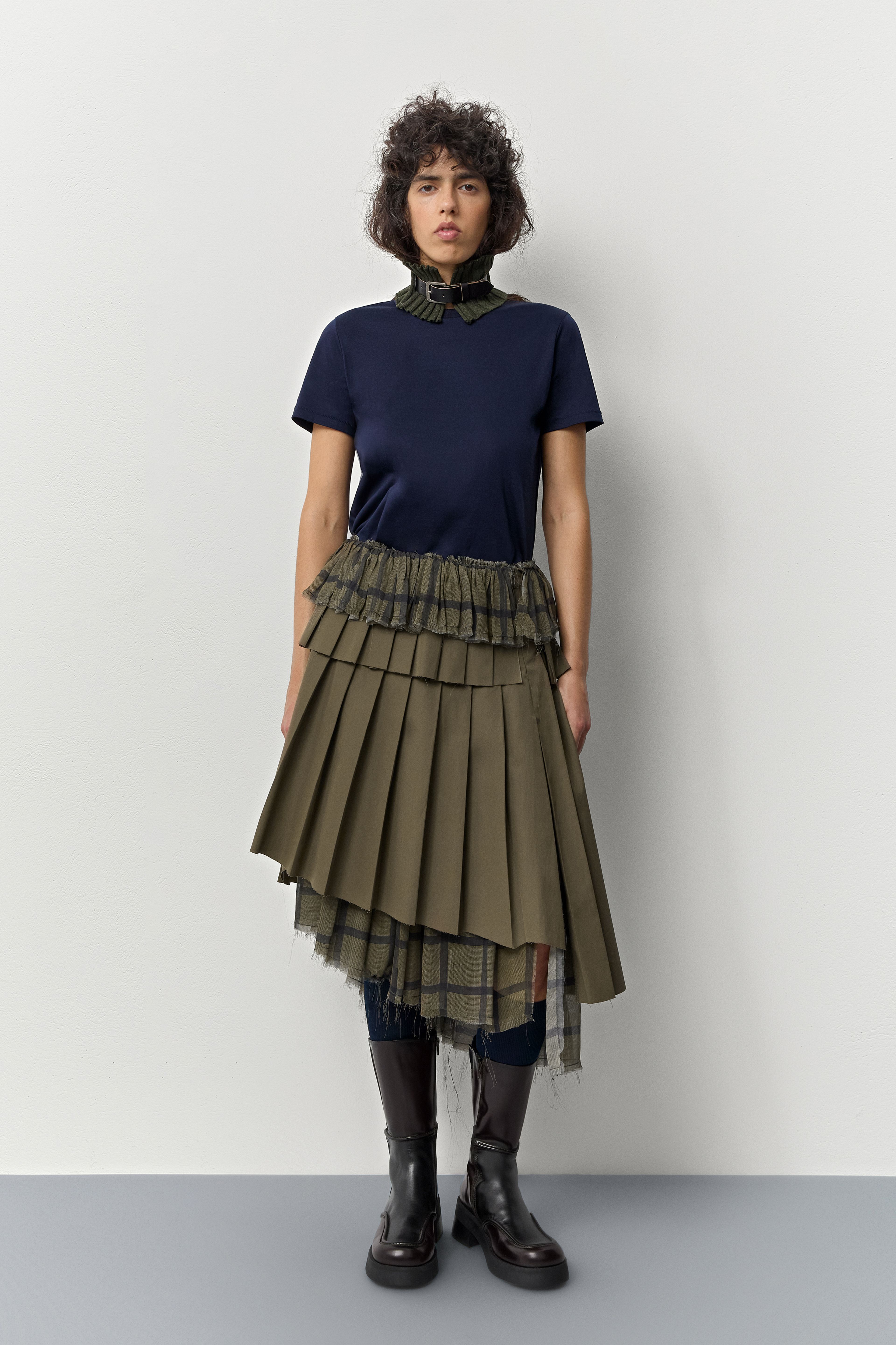 Magde Khaki Asymmetrical Ruffle Checkered Skirt | Miista | Designed & Handmade in Europe