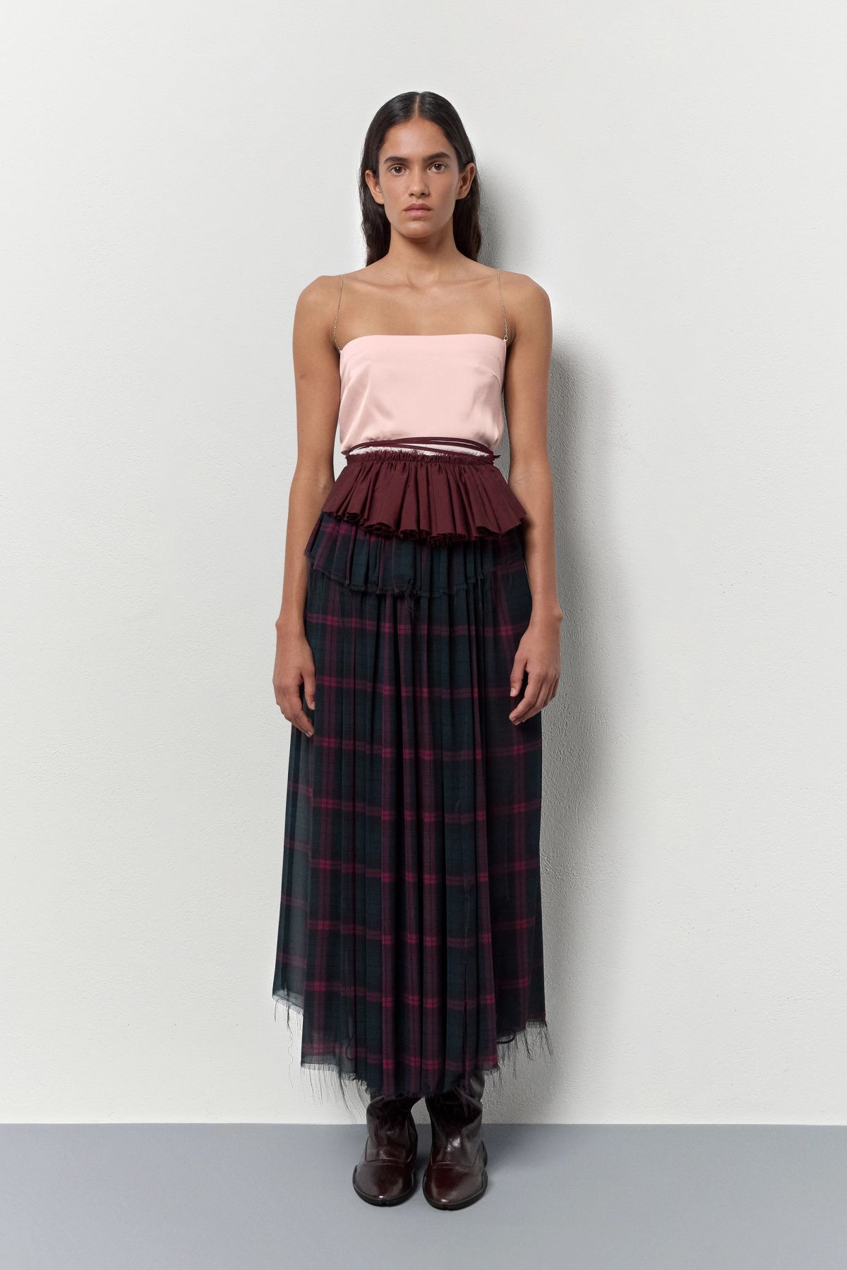Briseida Burgundy And Navy Check Long Skirt
