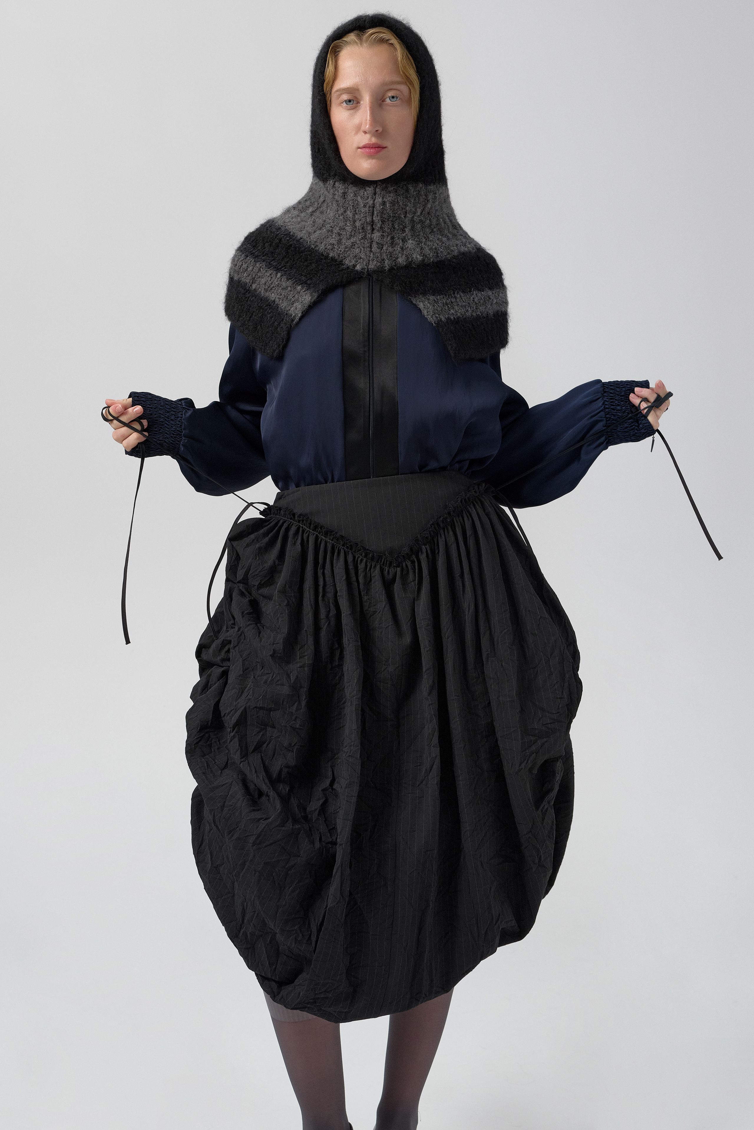Bronte Black And Grey Crush Pinstripe Puff Skirt | Miista | Designed & Handmade in Europe