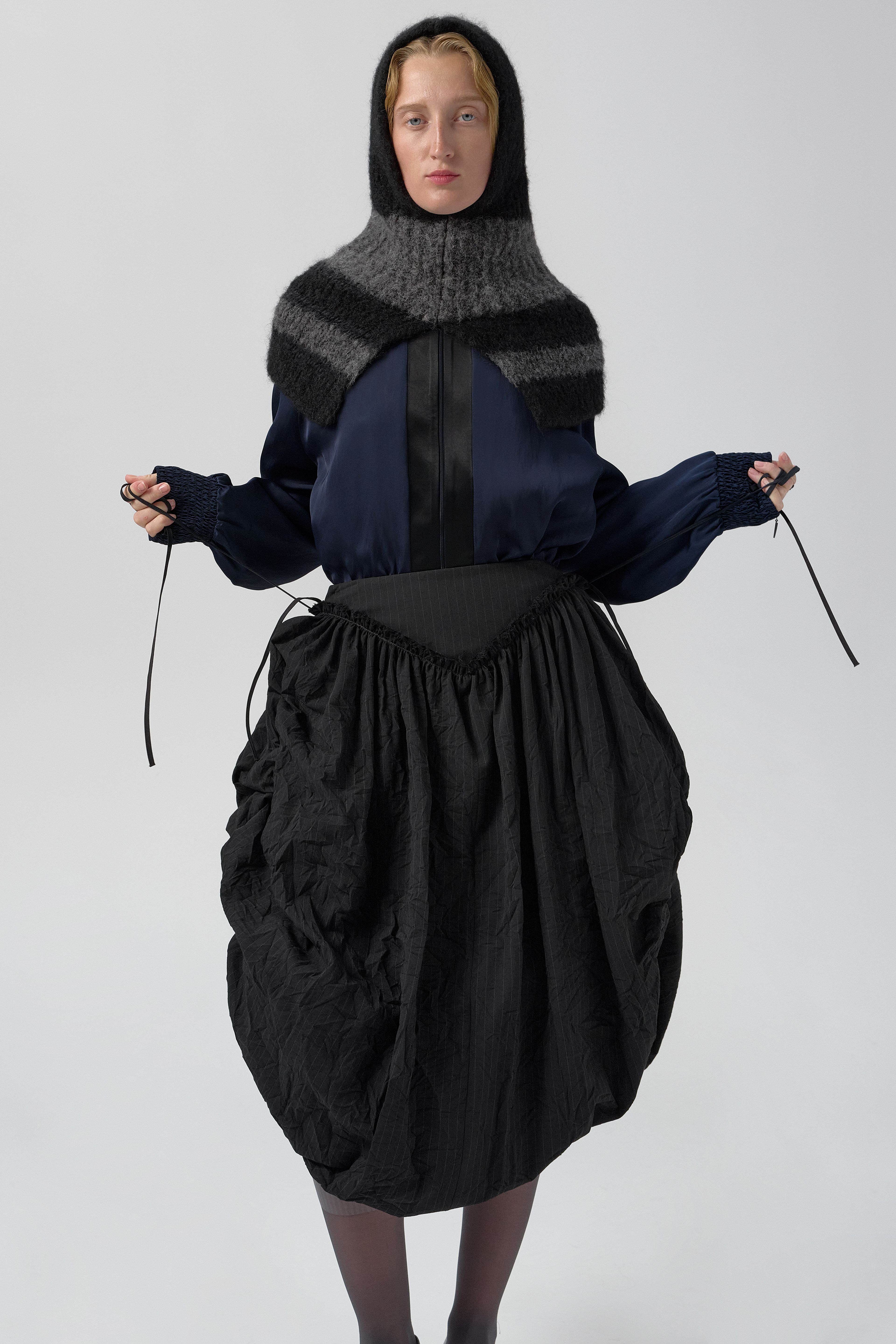 Bronte Black And Grey Crush Pinstripe Puff Skirt  | Miista | Designed & Handmade in Europe