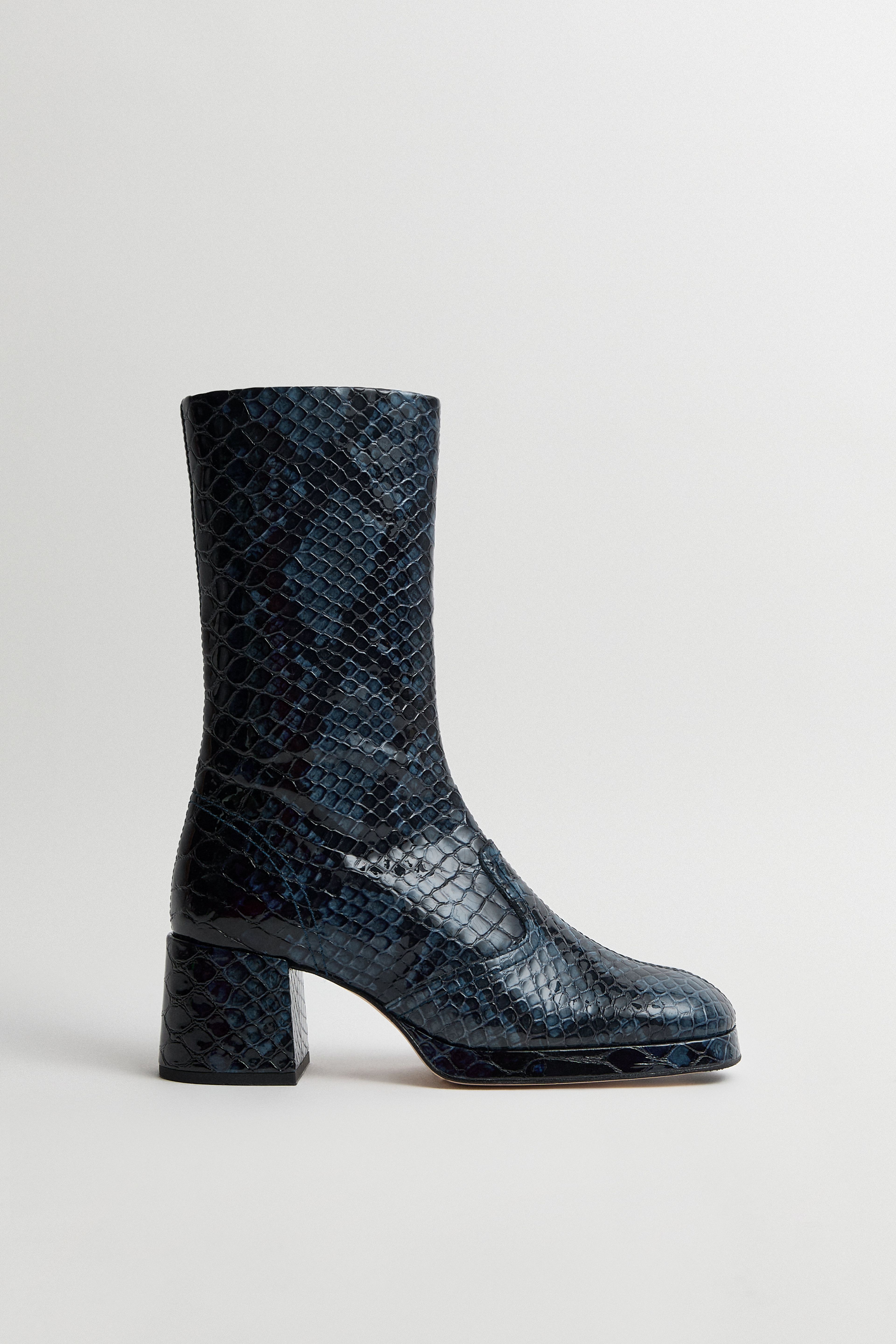 Cass Boots Navy Embossed Snake Leather | Miista | Designed & Handmade in Europe