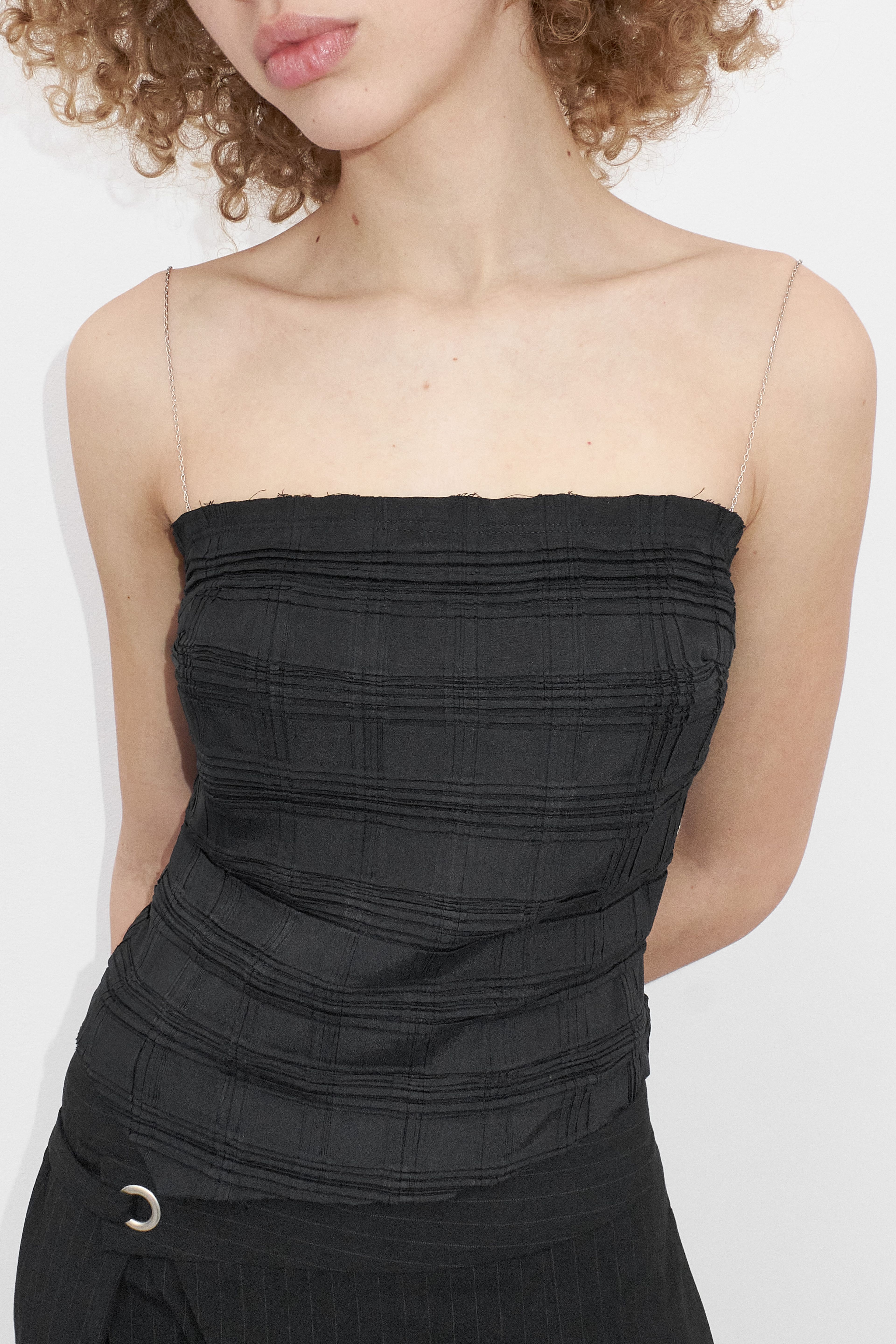 Maryam Black Pleated Tartan Top | Miista | Designed & Handmade in Europe