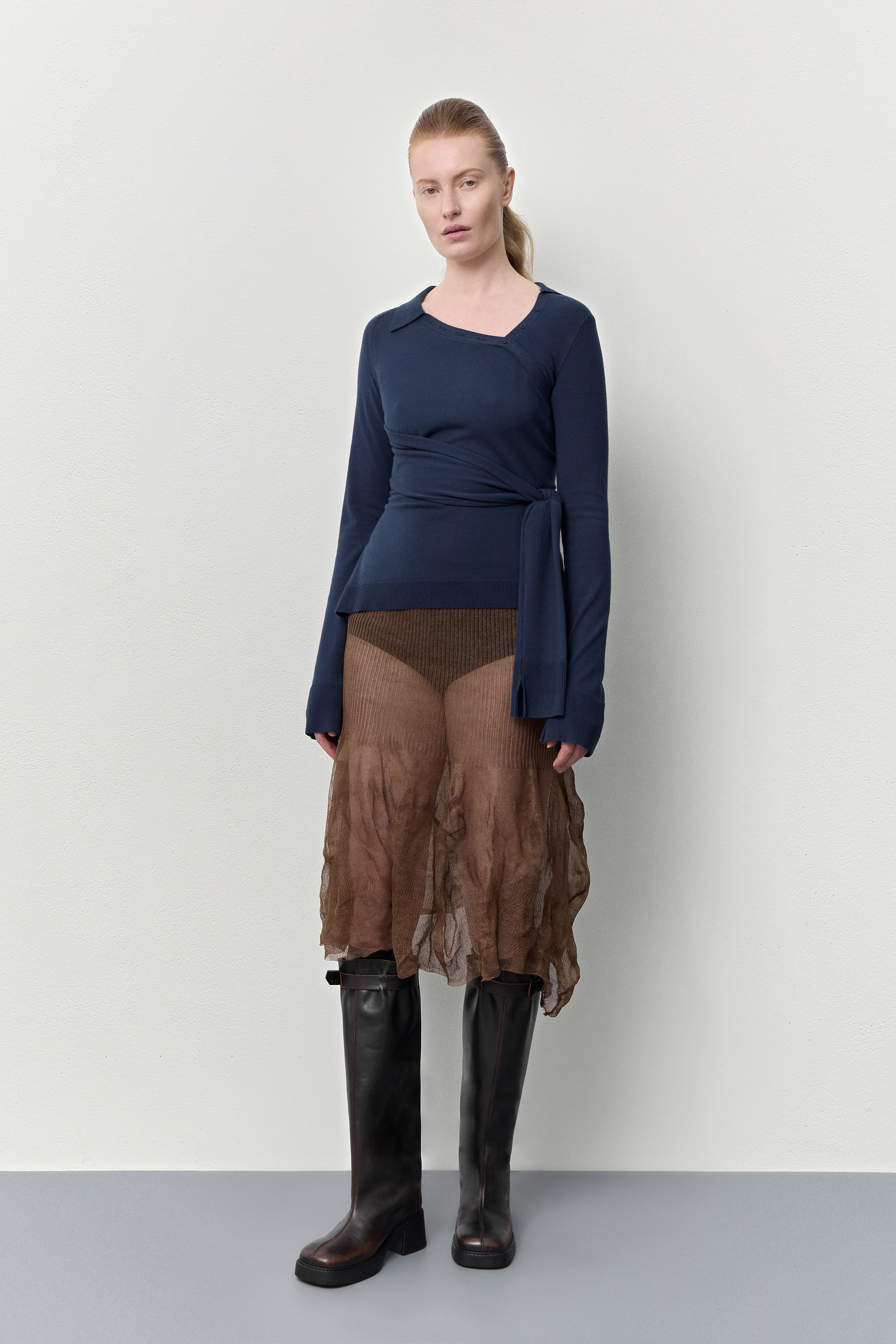 Alise Deep Blue Wrapped Knit Top | Miista | Designed & Handmade in Europe