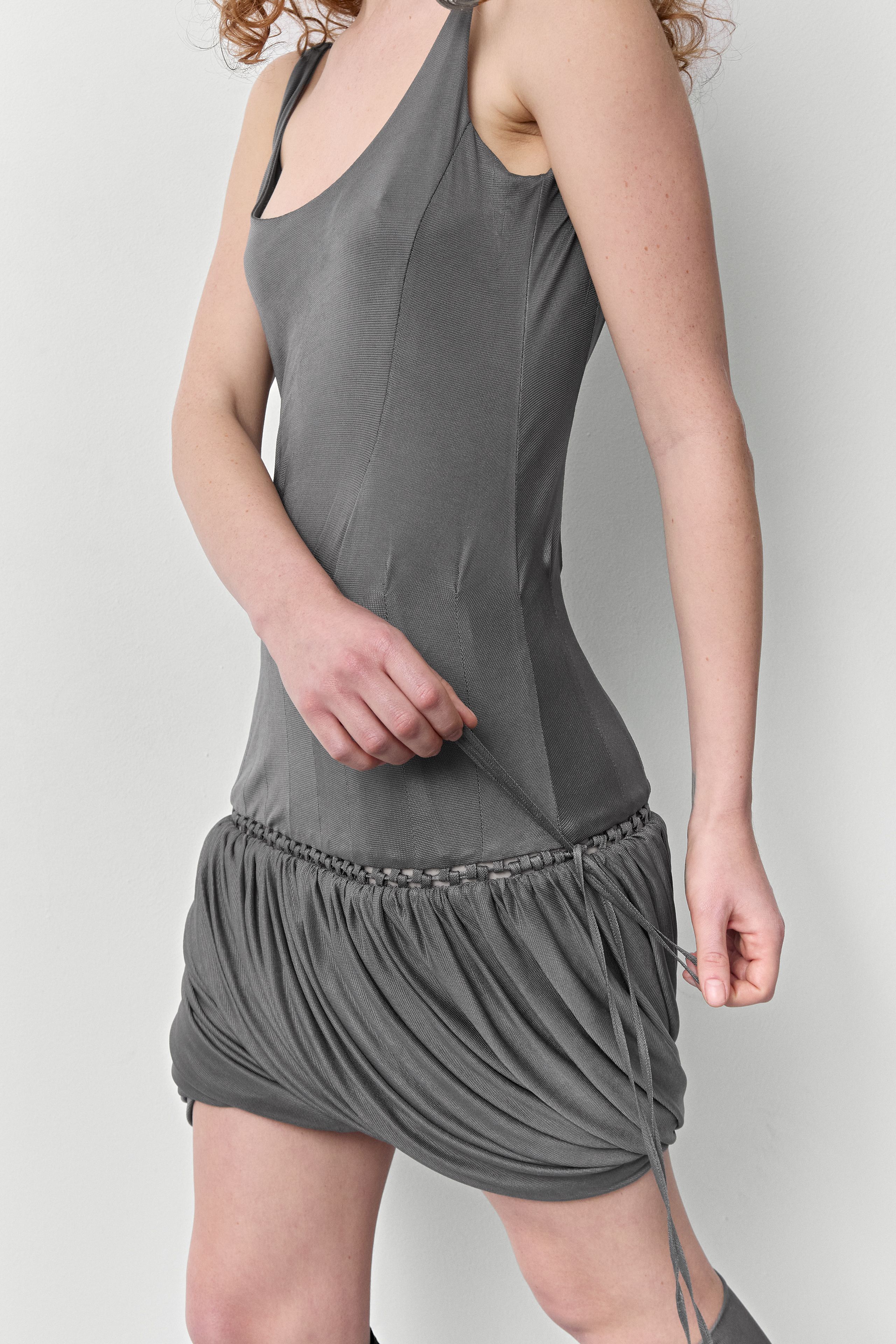 charcoal grey mini dress Gabriella Draped Mini Dress / Charcoal Blue Marle | MESHKI main image 1