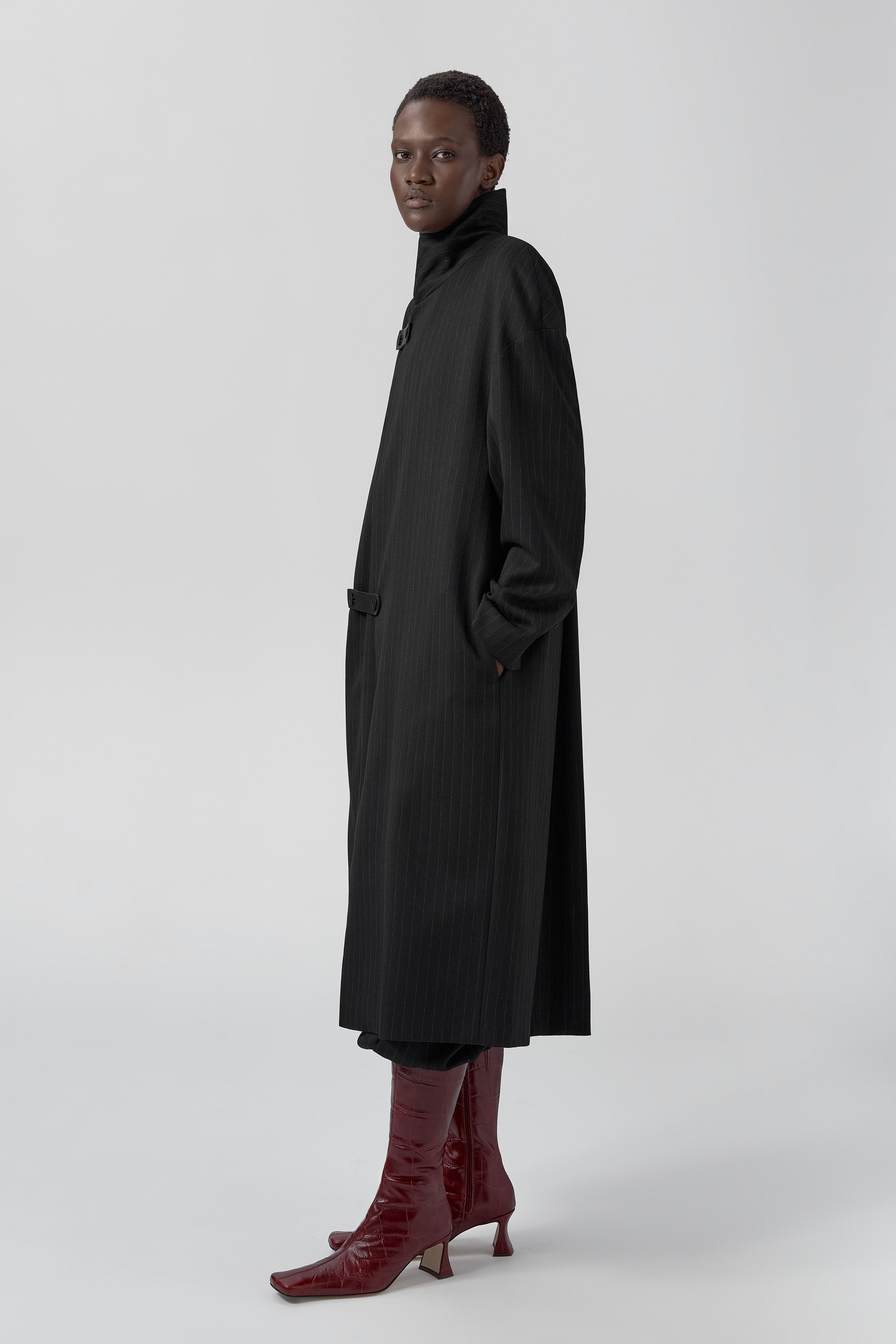 Orlan Coat - Black Pinstripe Viscose | Miista | Designed & Handmade in Europe