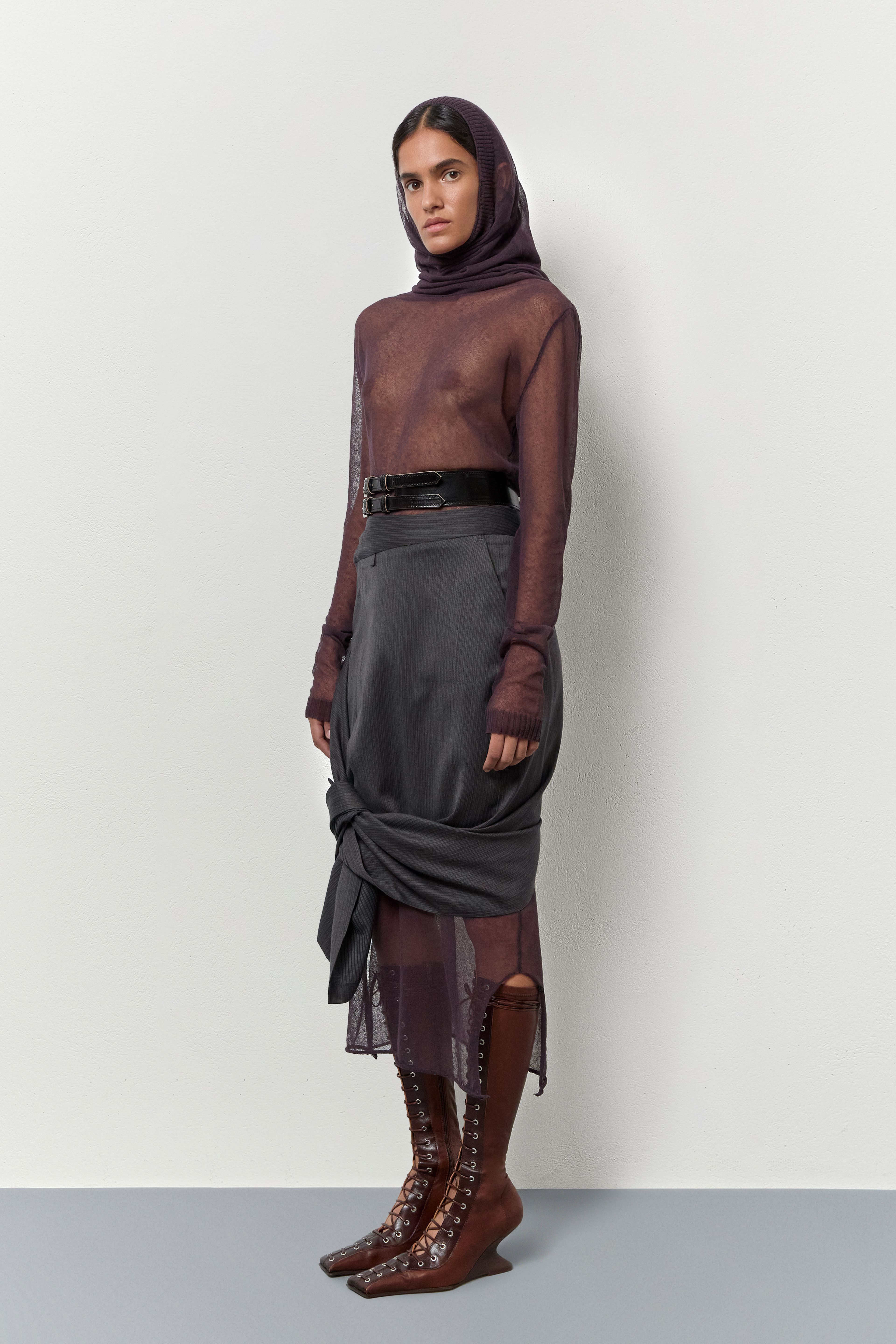 Grethy Burgundy And Grey Pinstripe Long Skirt | Miista | Designed & Handmade in Europe