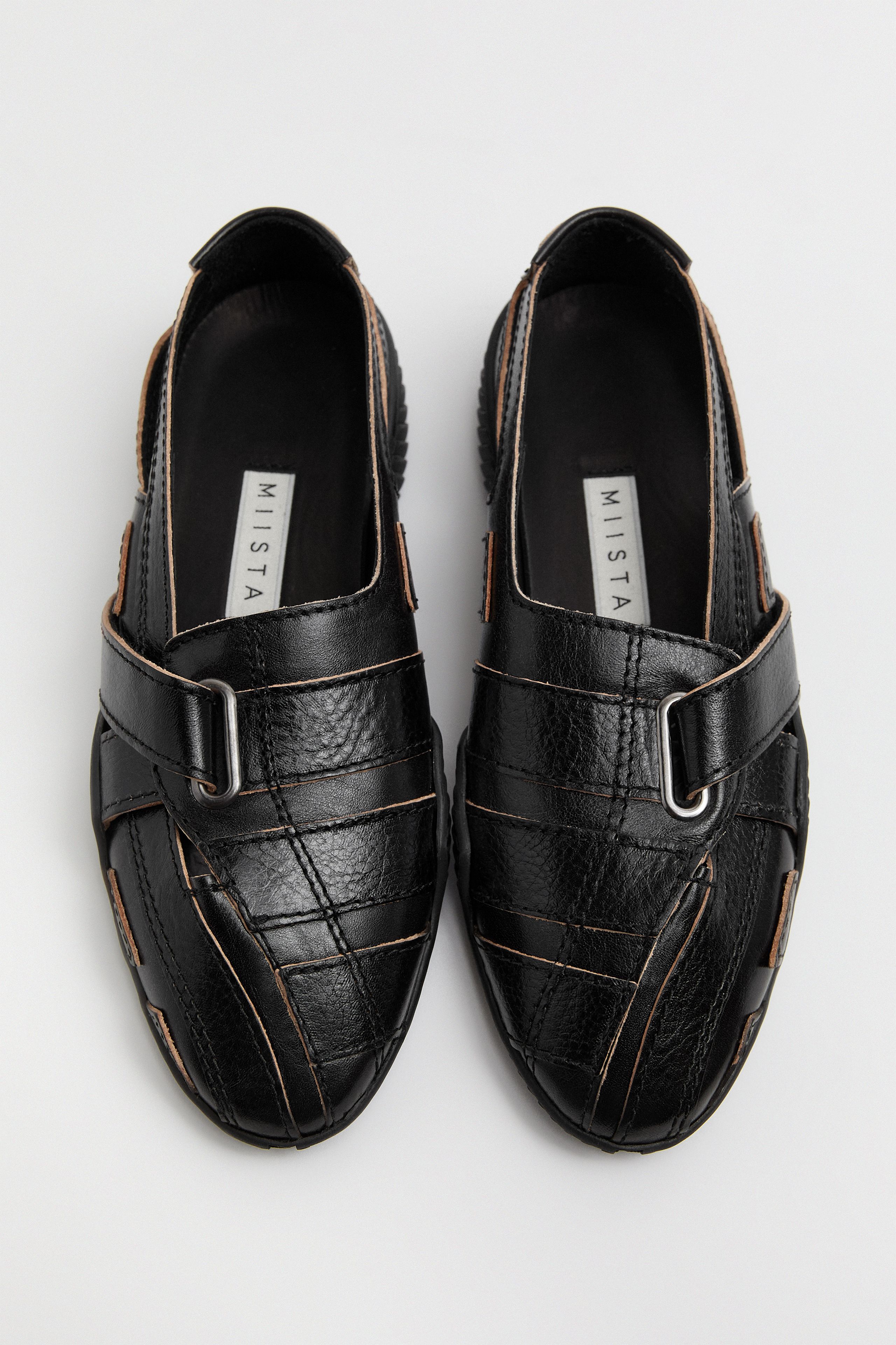 靴 miista LONDON Miista London Brown Perforated Leather Square Toe Low Block