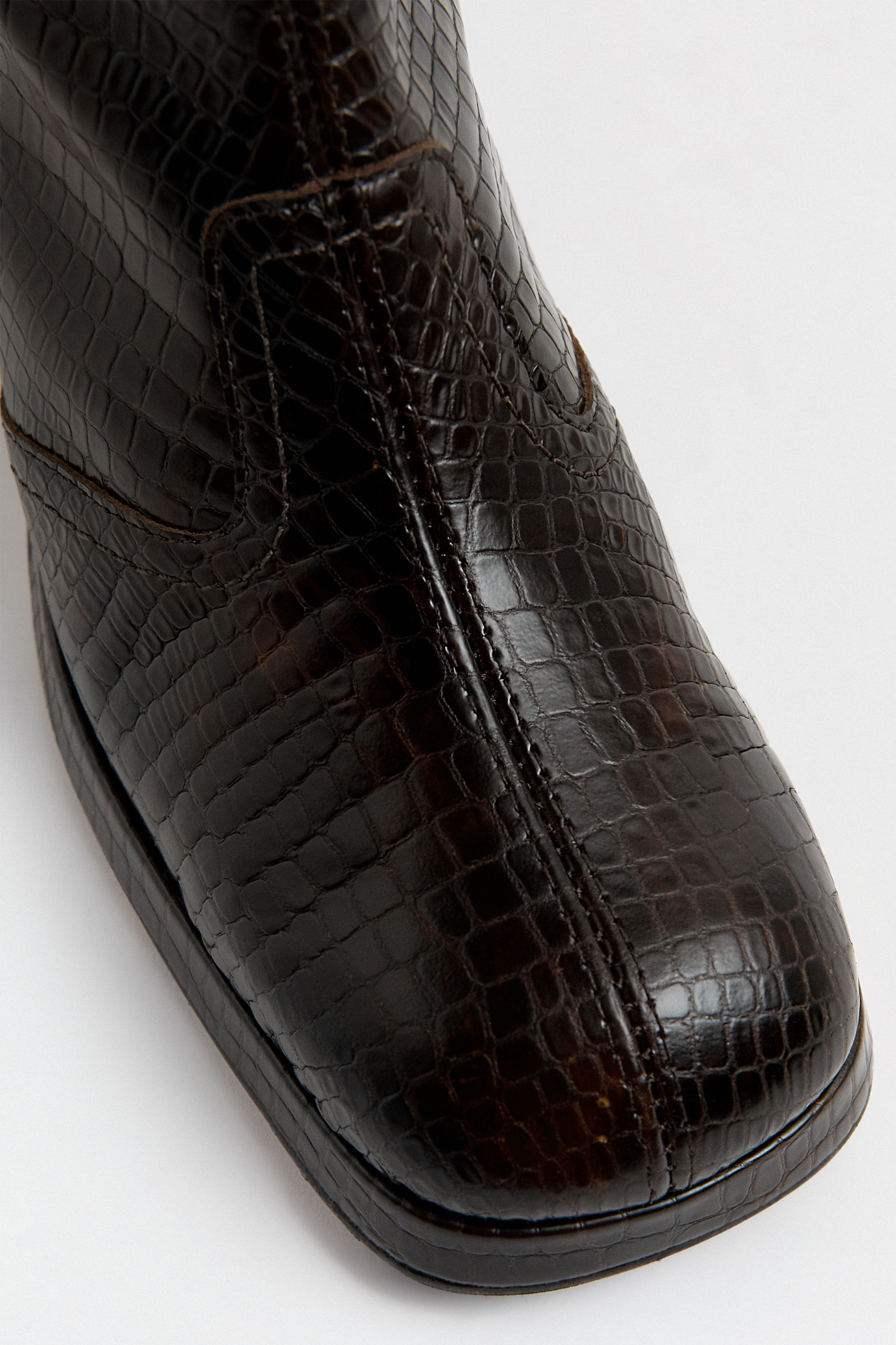Cass Boots Brown Croco Embossed Leather | Miista | Designed & Handmade in Europe