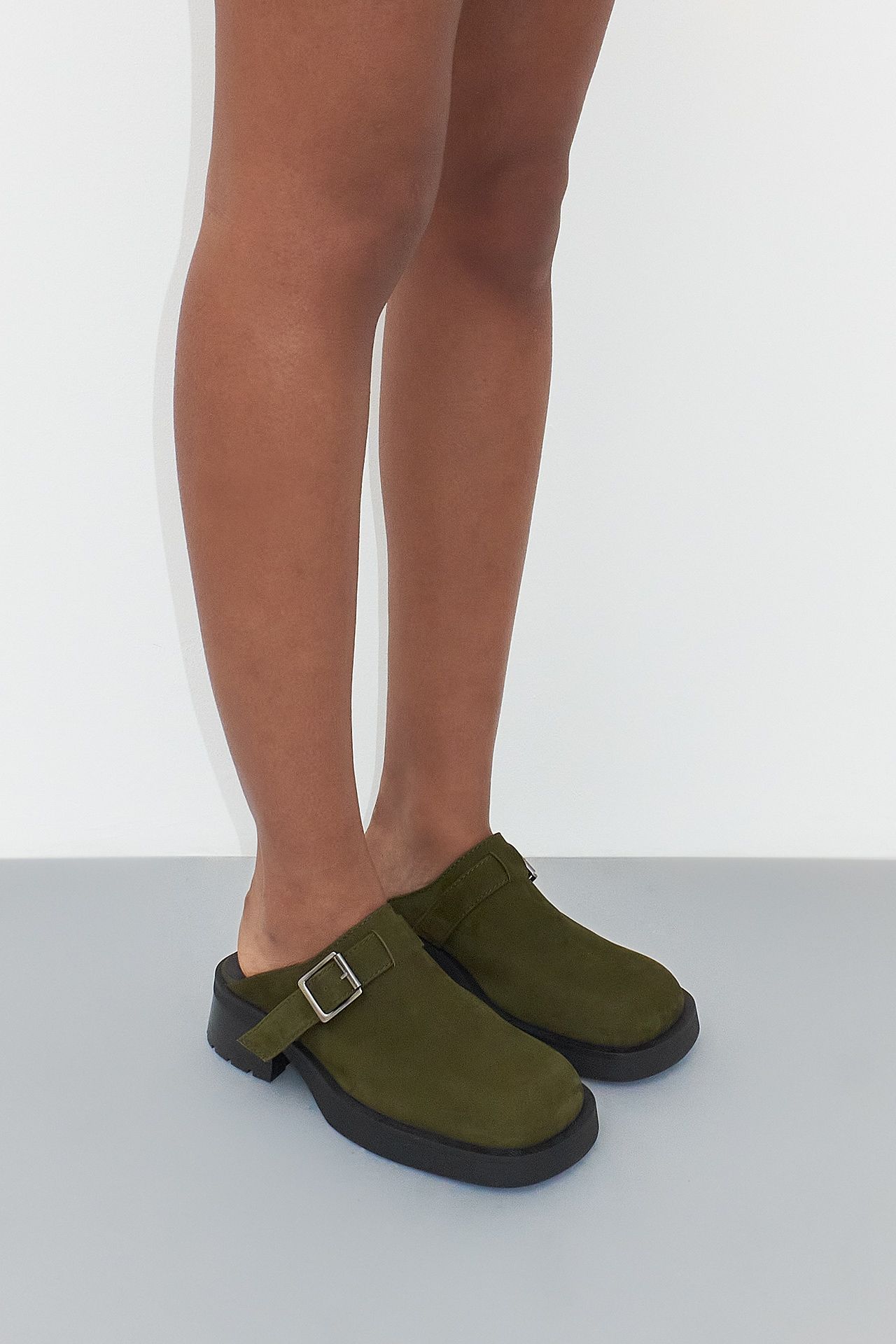 Aroa Khaki Suede Buckled Mules | Miista | Designed & Handmade in Europe