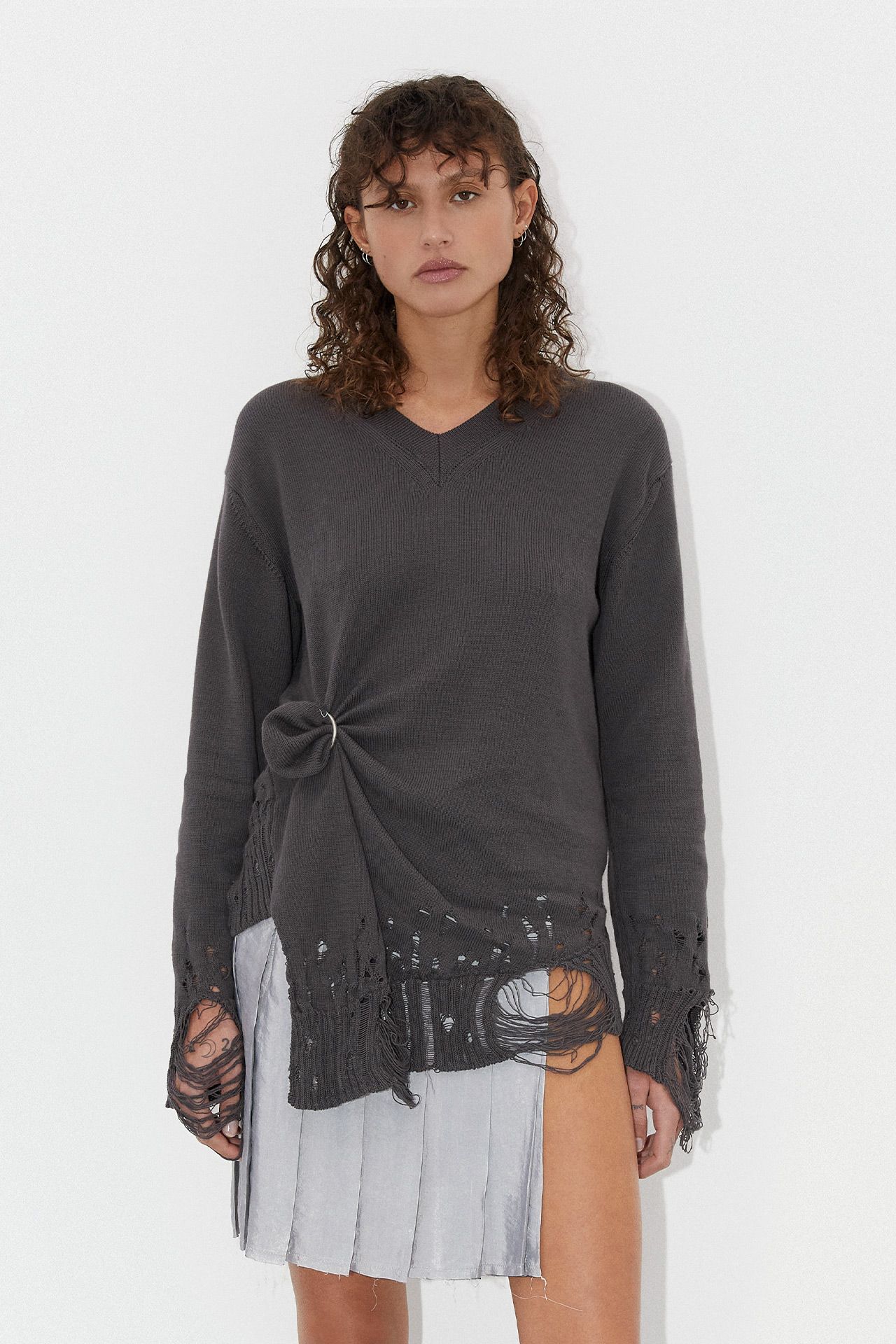 Lilyana Distressed Light Grey Knit Jumper | Designed & Handmade in Europe