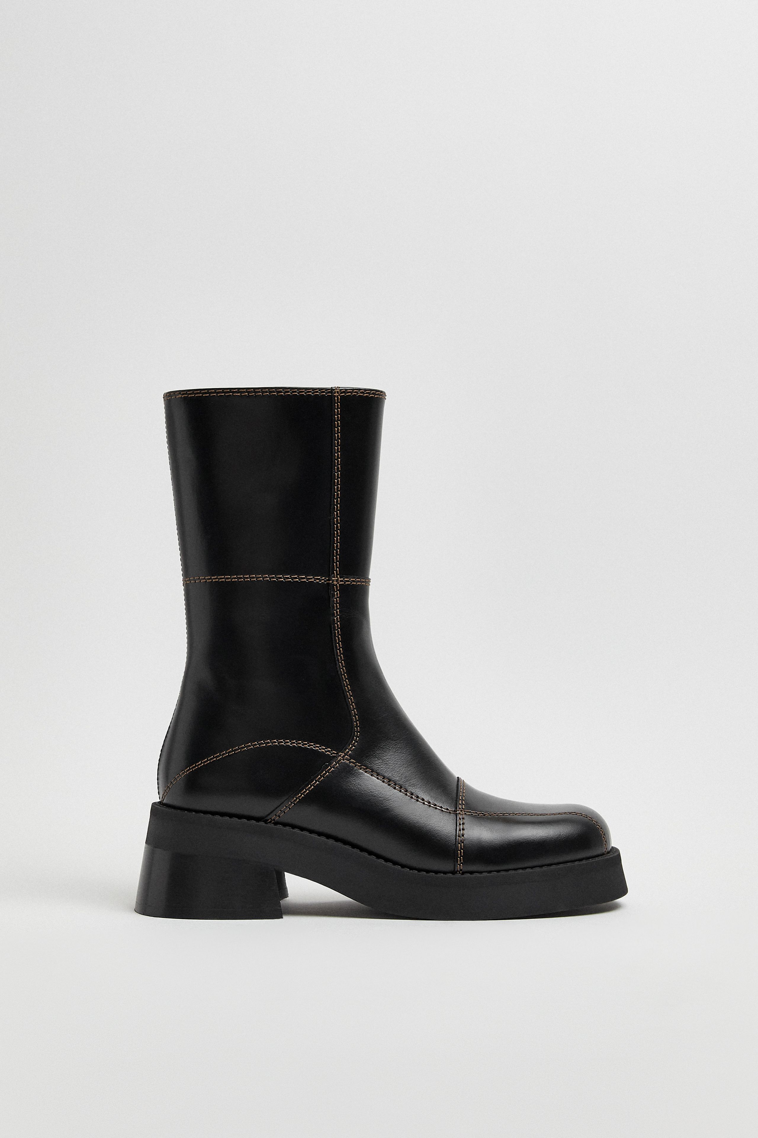 MIISTA ヘディ トールブーツ ブラックストレッチ Heya Black Brown Stitching Ankle Boots | Miista