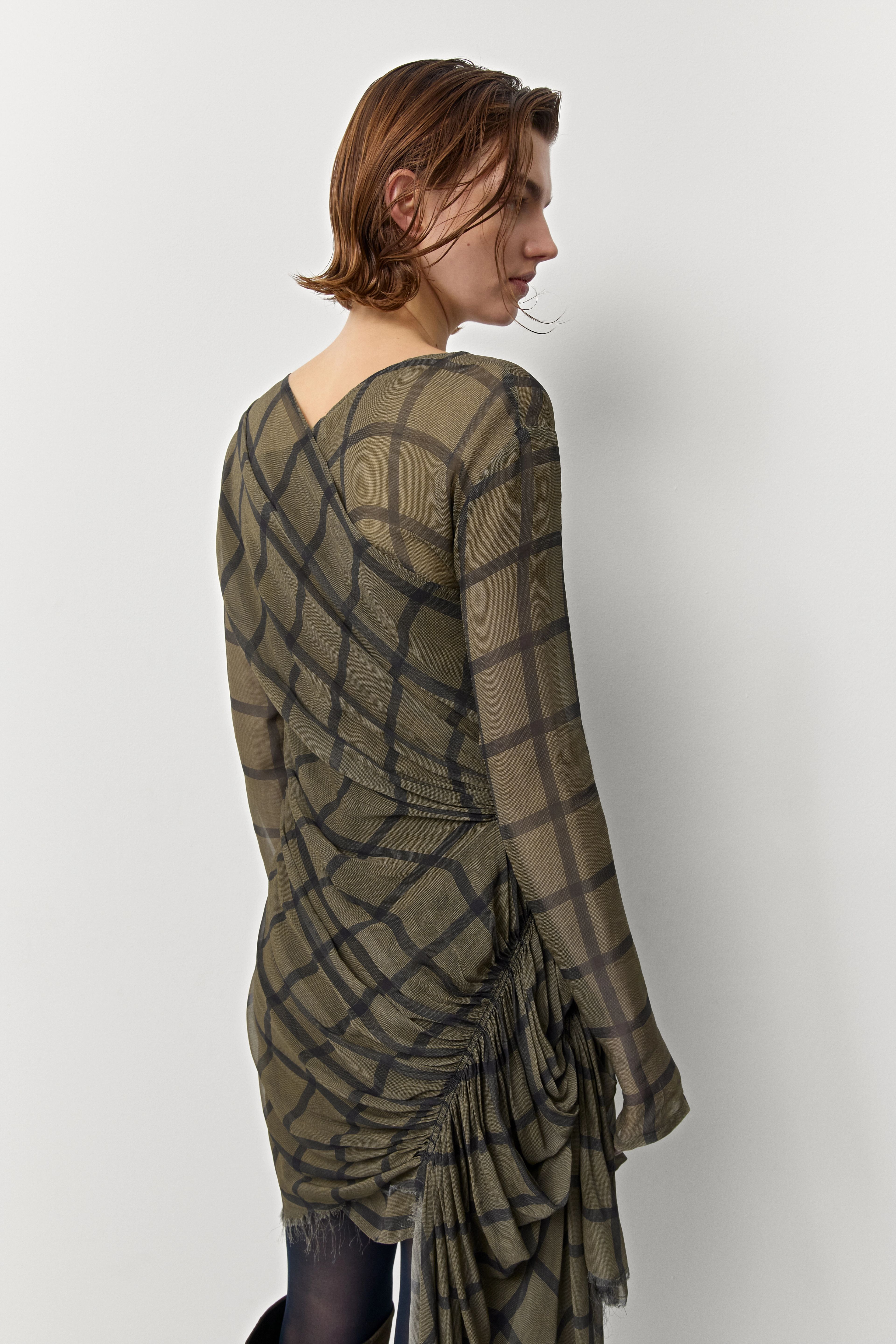 Gaia Beige And Navy Checked Asymmetrical Dress | Miista | Designed & Handmade in Europe