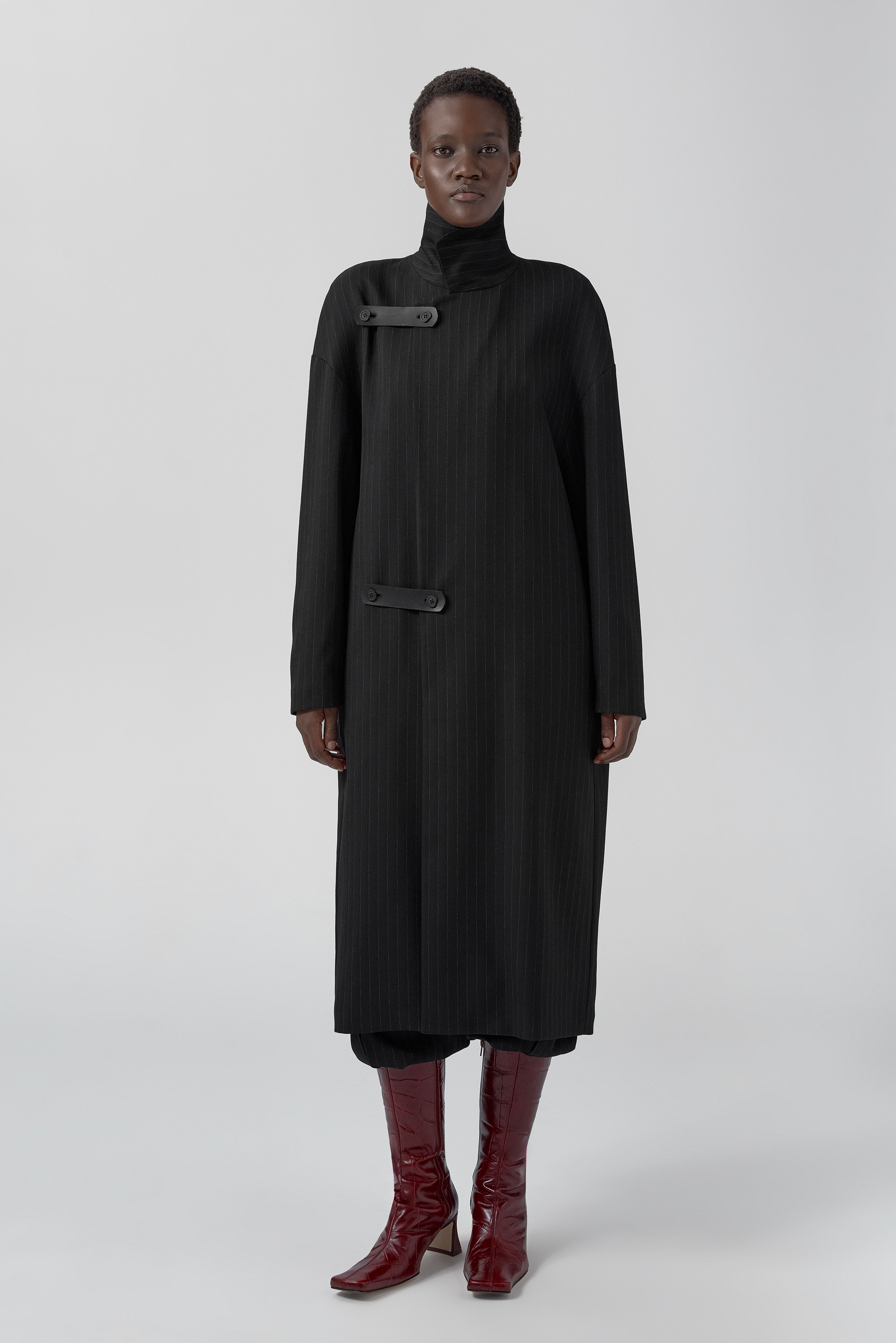 Orlan Coat - Black Pinstripe Viscose | Miista | Designed & Handmade in Europe