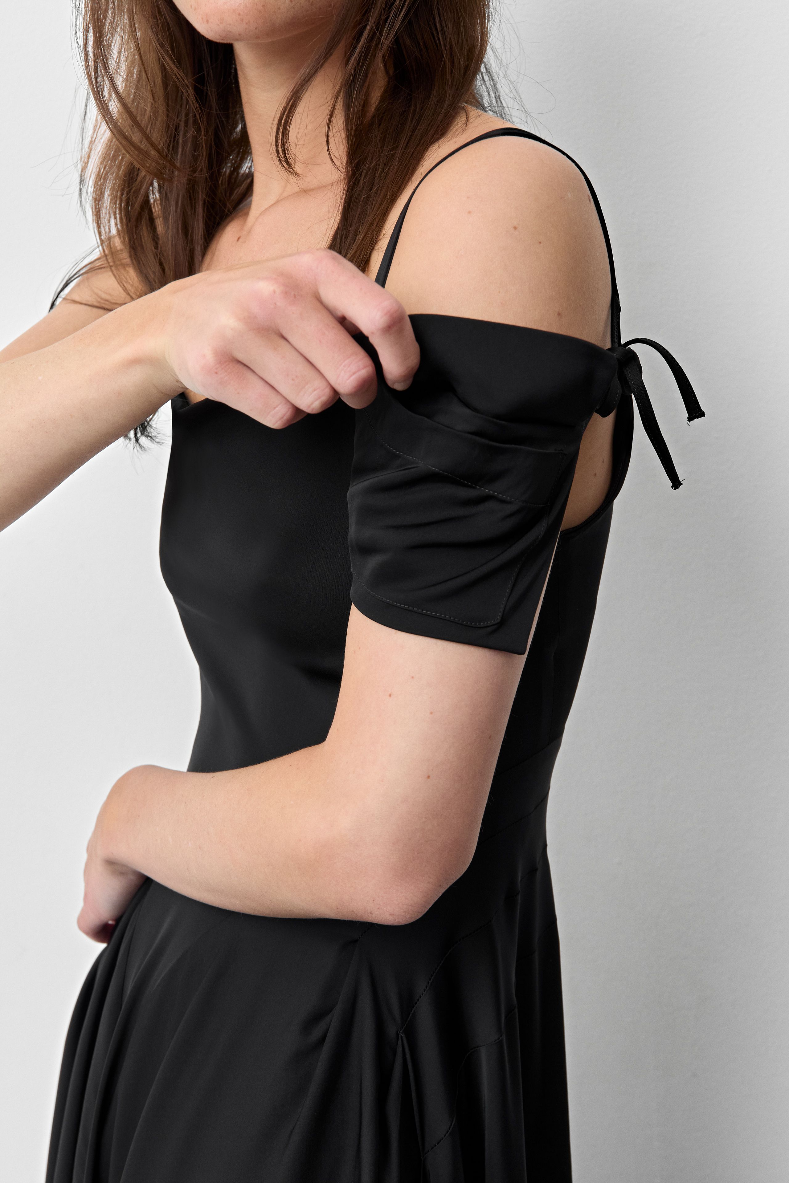 Rekka Dress - Black Godet Satin | Miista