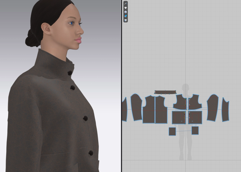 3D digital garment simulation of a brown coat alongside its corresponding flat pattern pieces.