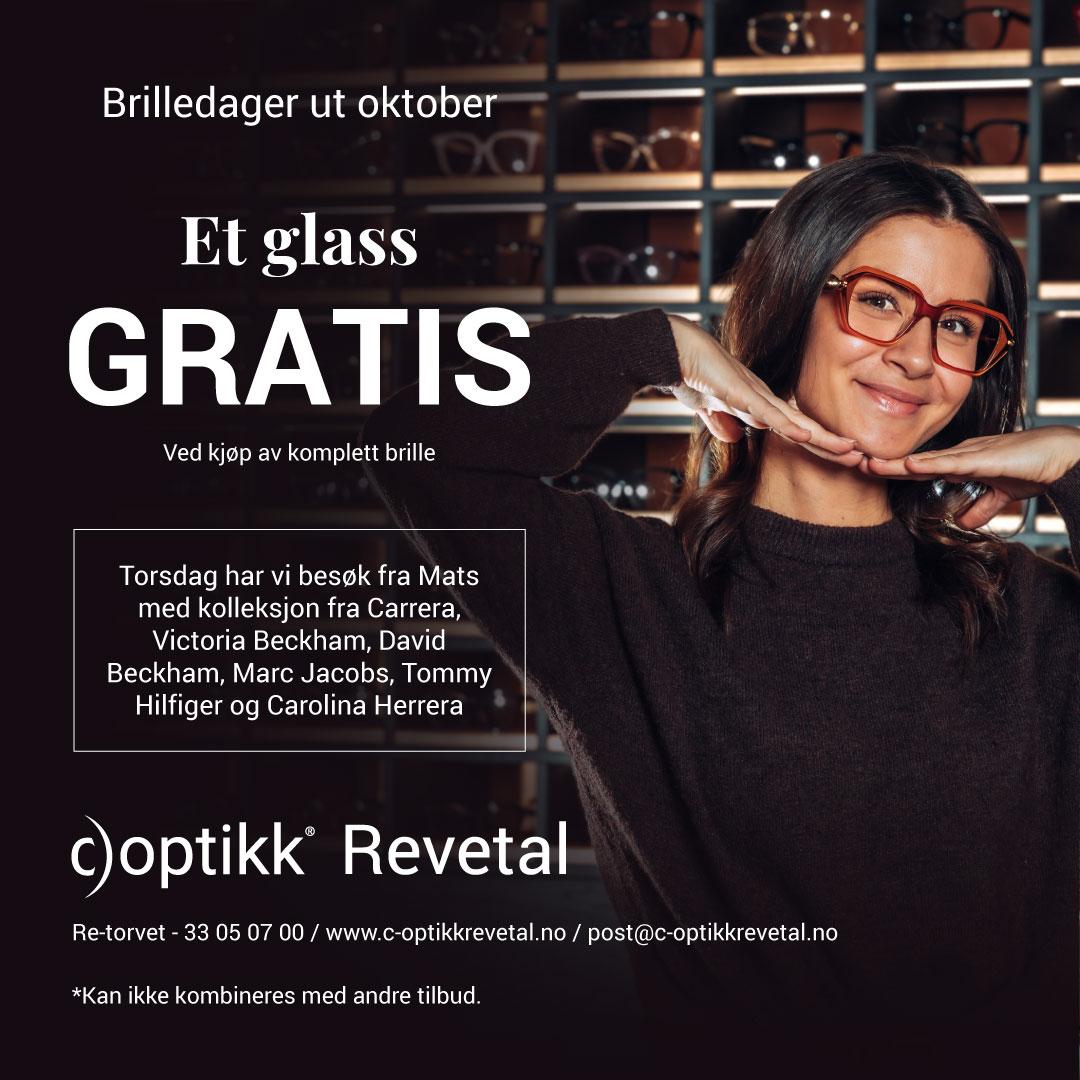 Brilledager hos c)optikk Revetal: Et glass gratis ved kjøp av komplett brille ut oktober.