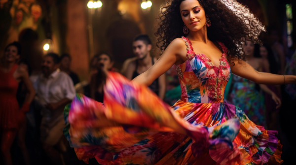 salsa dancer twirling in sustainable dress