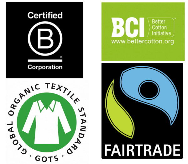 4 logos of Certified B Corp, BCI, GOTS, and Fairtrade