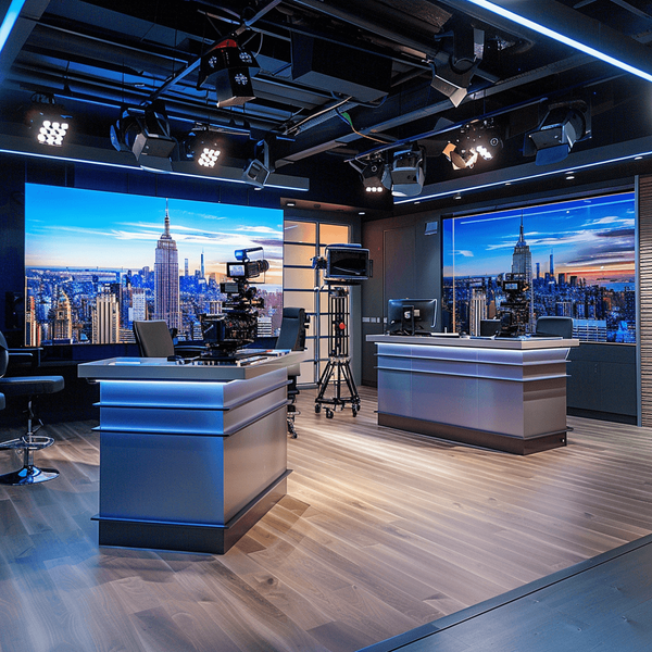 A modern news broadcast studio with anchor desks