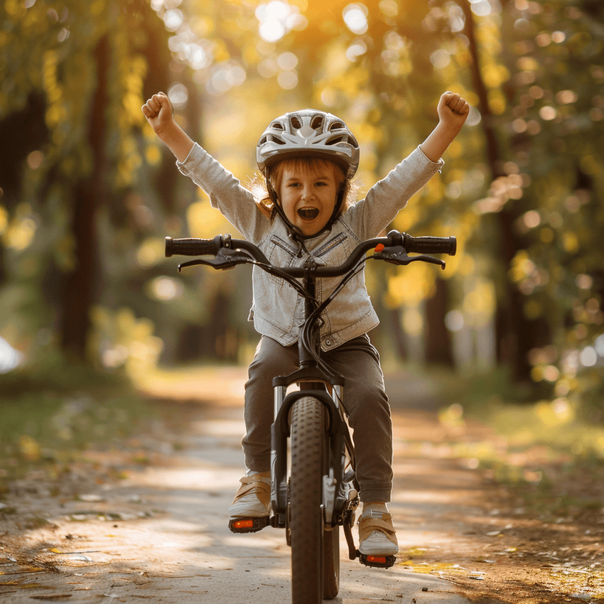 Happy kid riding an electric bike in the park