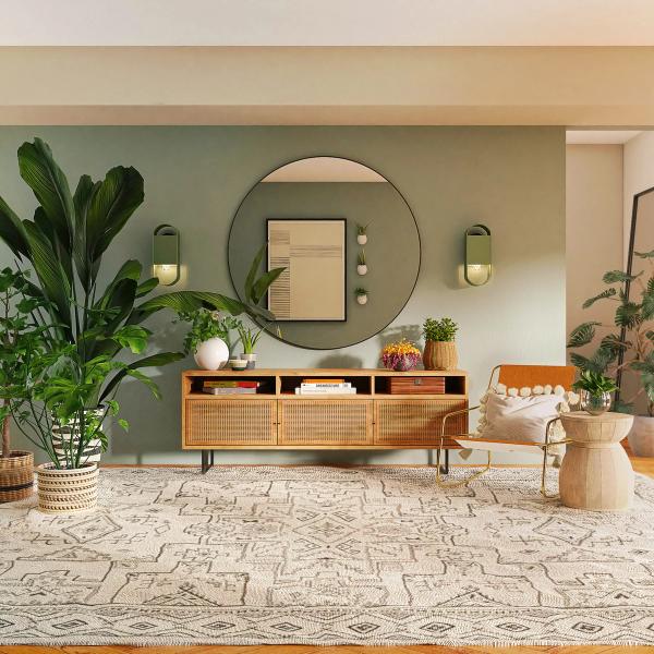Bright living room with a wooden console, large round mirror, and plant.