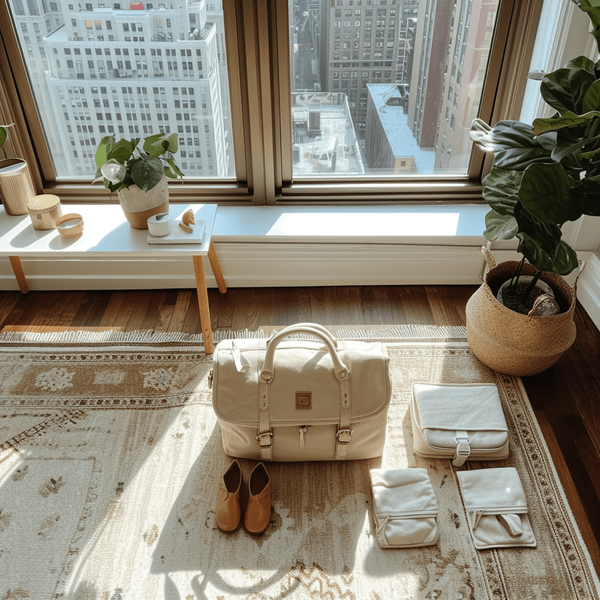 stylish bag for moms on the floor of a city apartment