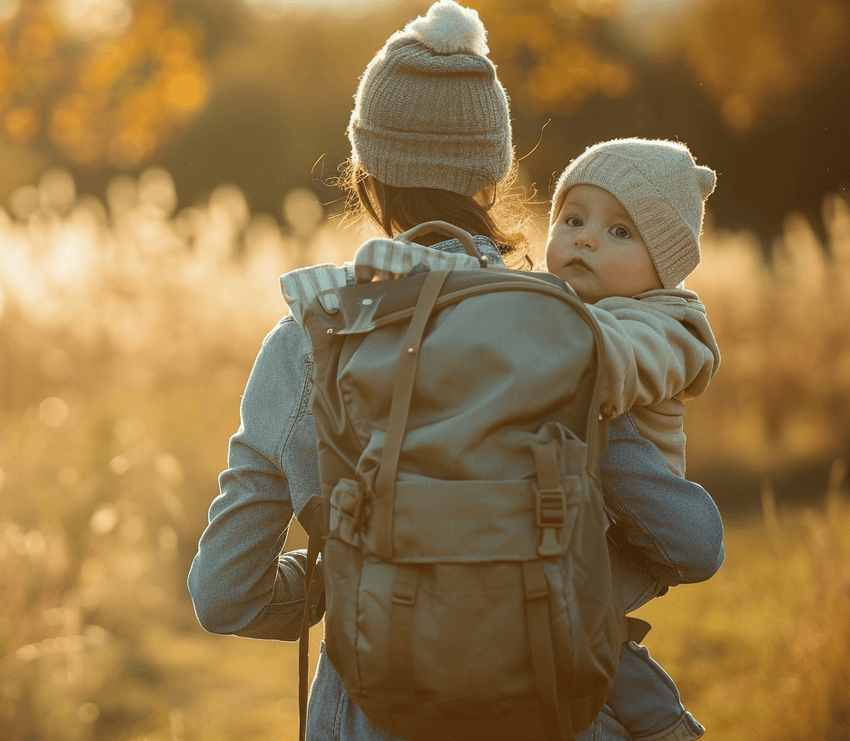 A mother carrying the best minimalist diaper bag with her baby looks out into the beautiful horizon.