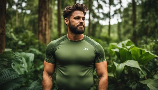 Man in the forest wearing a compression shirt.