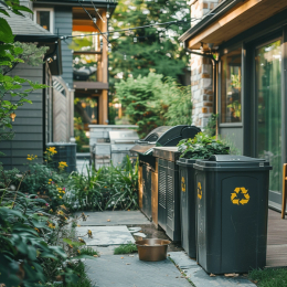 Recycling and composting bins in the backyard.