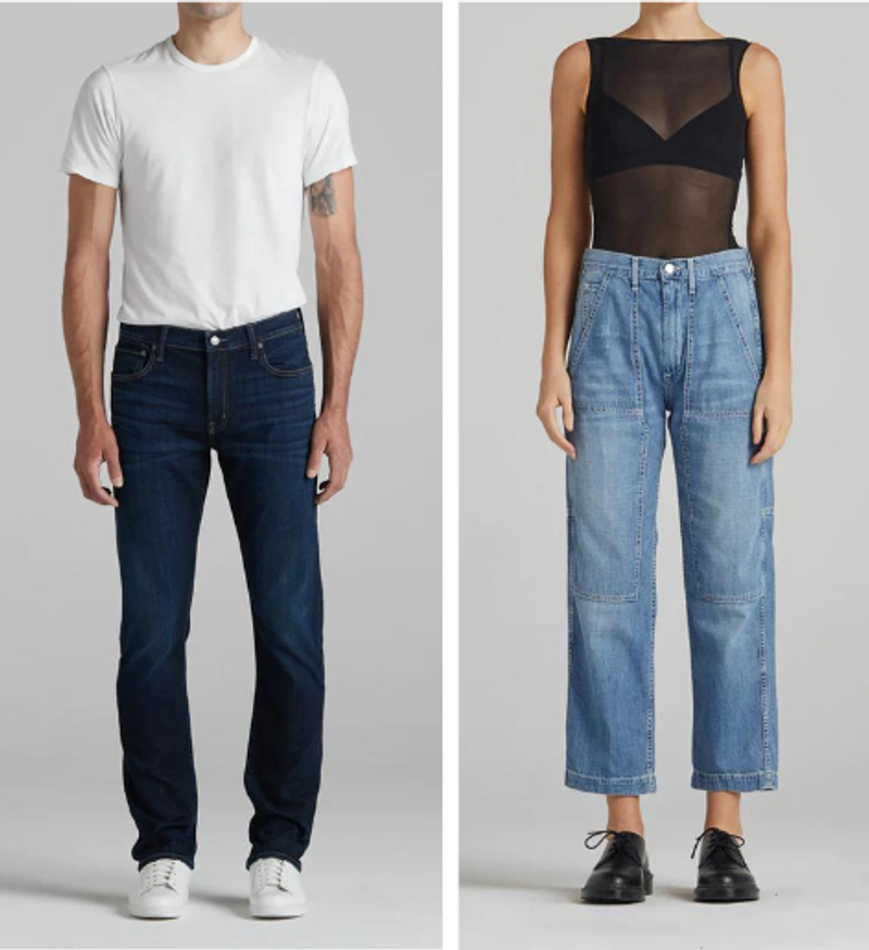 Side by side view of man and woman in denim pants from Edwin.