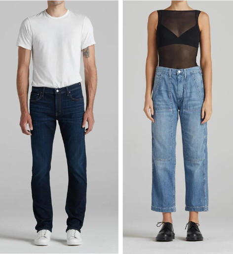 Side by side view of man and woman in denim pants from Edwin.