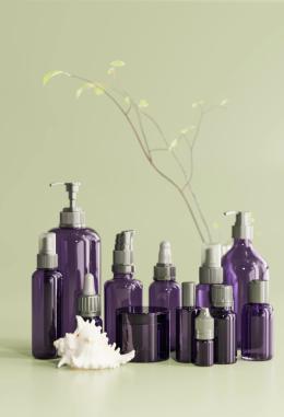 A collection of violet bottles.