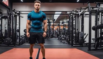 Man in gym wearing best slimming compression shirt for men in 2024.
