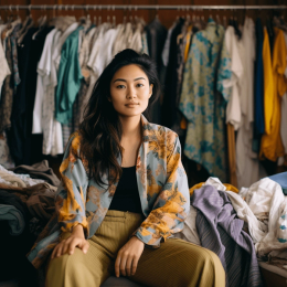 A beautiful Asian woman sitting in front of camera with a pile of clothes on the background.