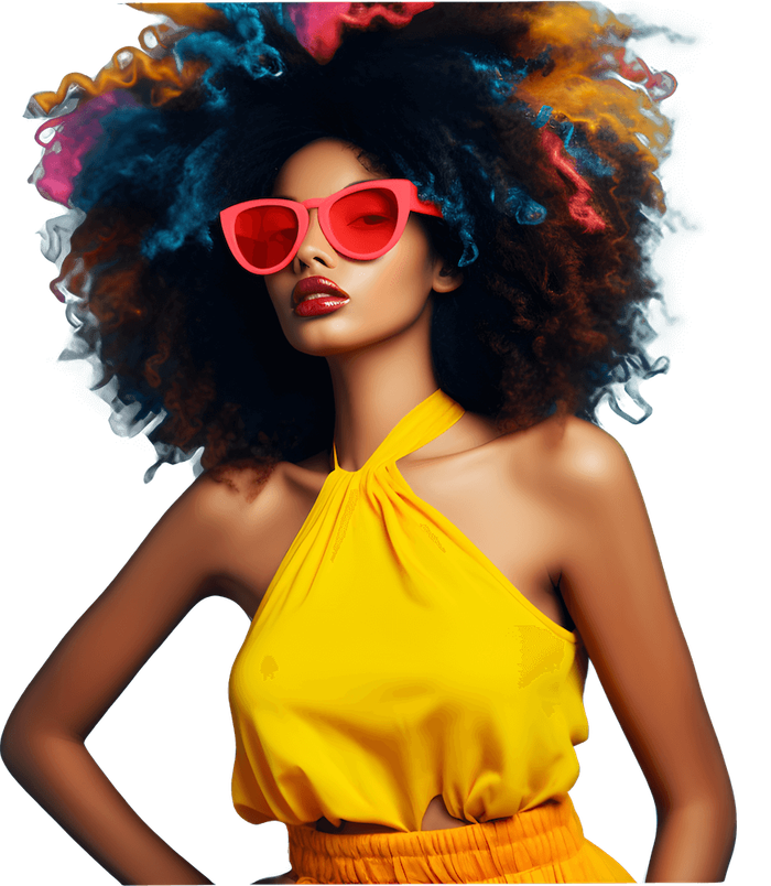 Hero image of a fashionista with multi colored dyed hair, and funky sunglasses.