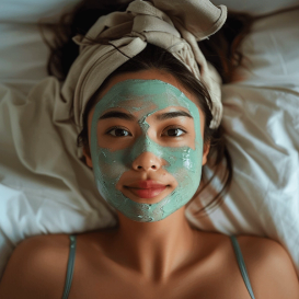 girl wearing a green beauty facial mask in hotel room