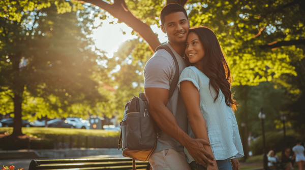 New parents lovingly pose together with the best minimalist diaper bag.