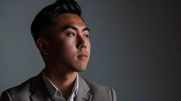 A man in a tailored grey suit, striking a confident pose for his professional headshots