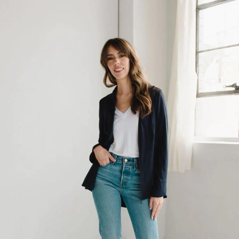 Girl posing in a V Neck Spring White top and blazer