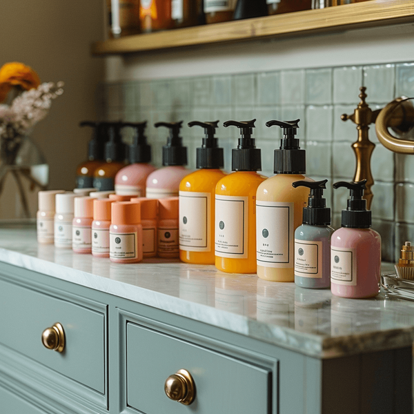 Overlay of beauty products on bathroom countertop, featuring gentle face washes.