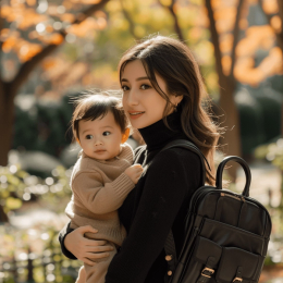 Mom holding baby showcasing best stylish bags for moms with toddlers