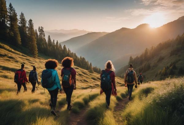 A group of friends hiking on a mountain