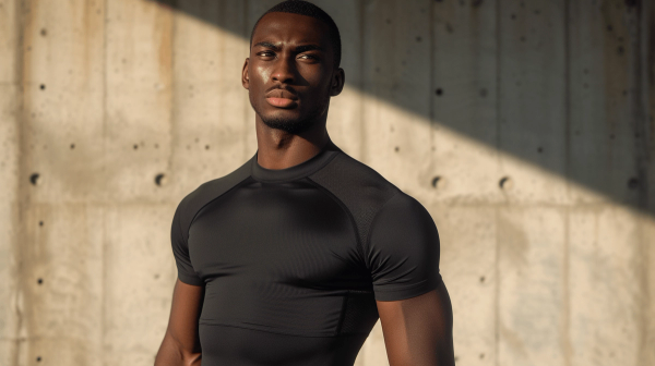 Man wearing a black slimming compression shirt.