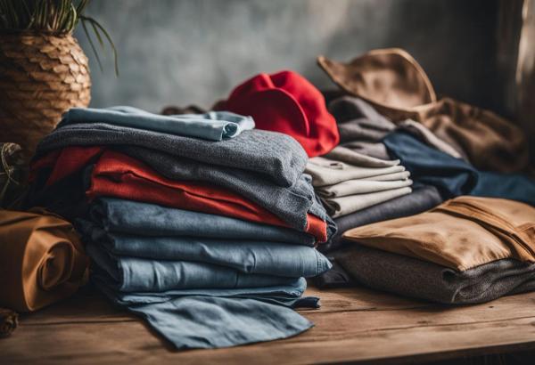 Folded pile of jeans on a table top