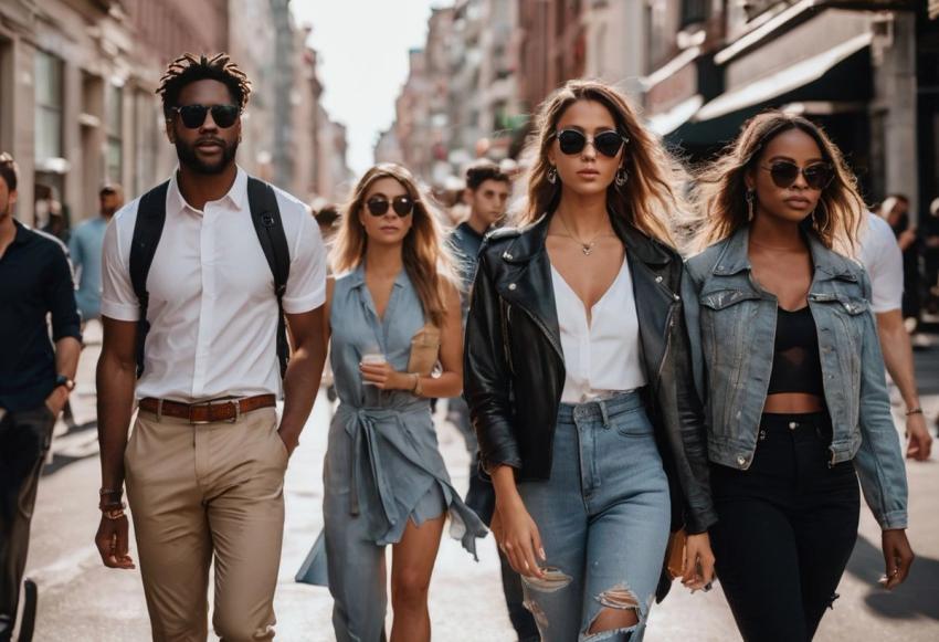 A group of people wearing sunglasses on a busy street