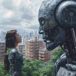 girl with AI robot staring at each other