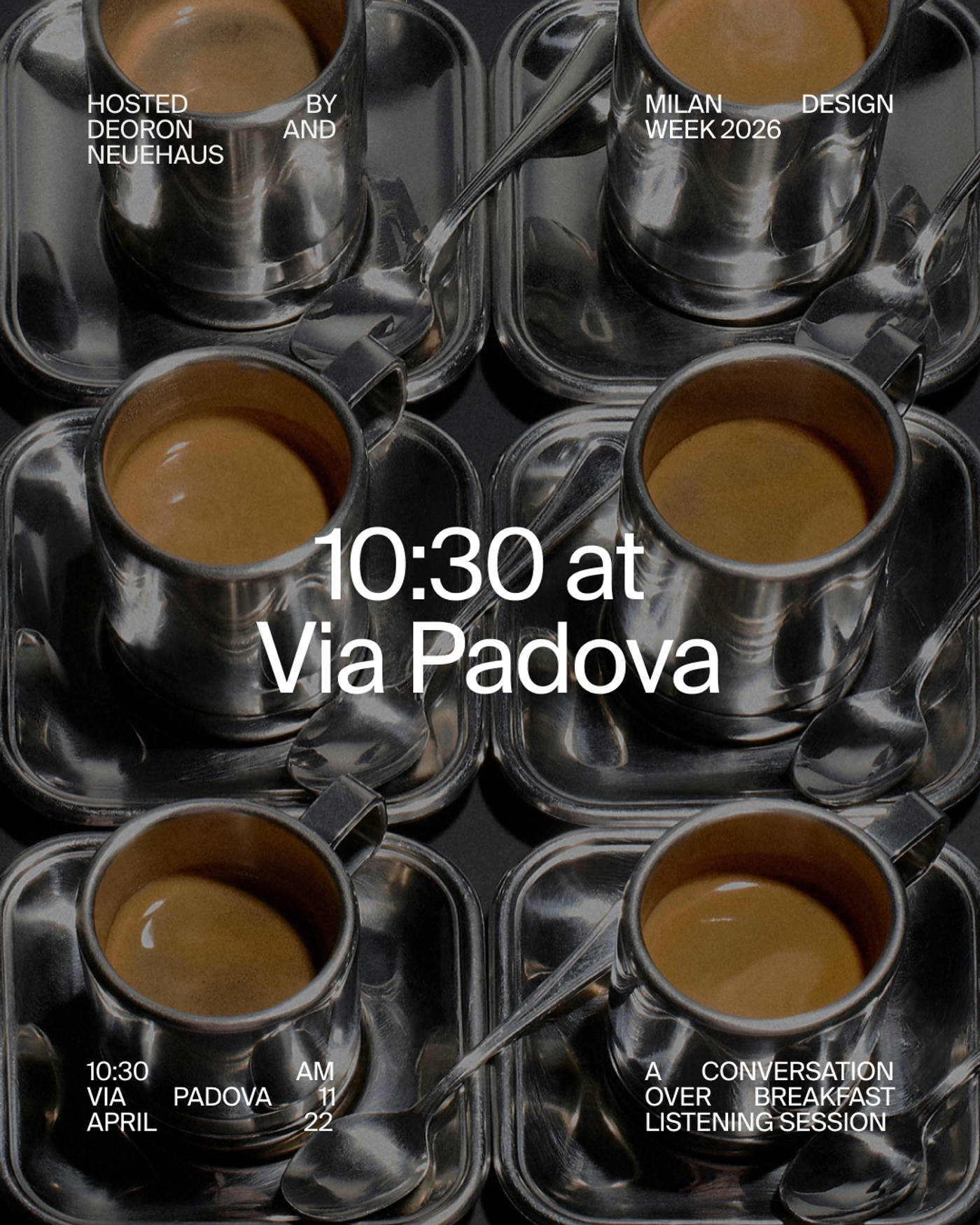 A poster for a breakfast listening session on Via Padova, laid over a photograph of espresso cups on steel trays.