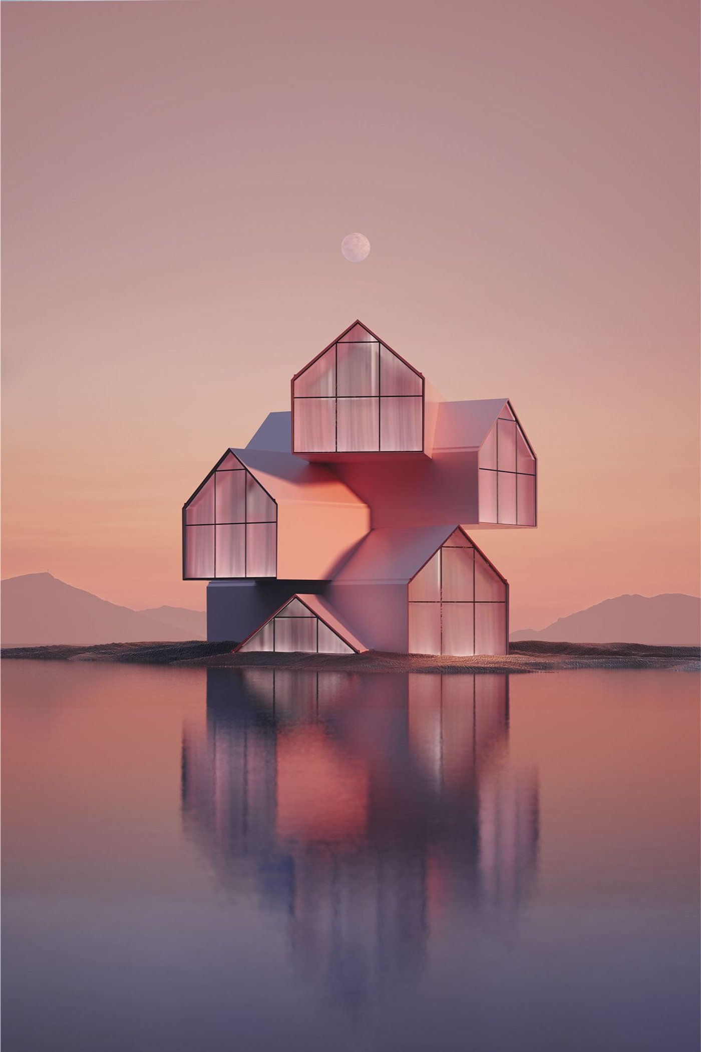 A stack of pink glass houses on an island, reflected in the water at sunset.