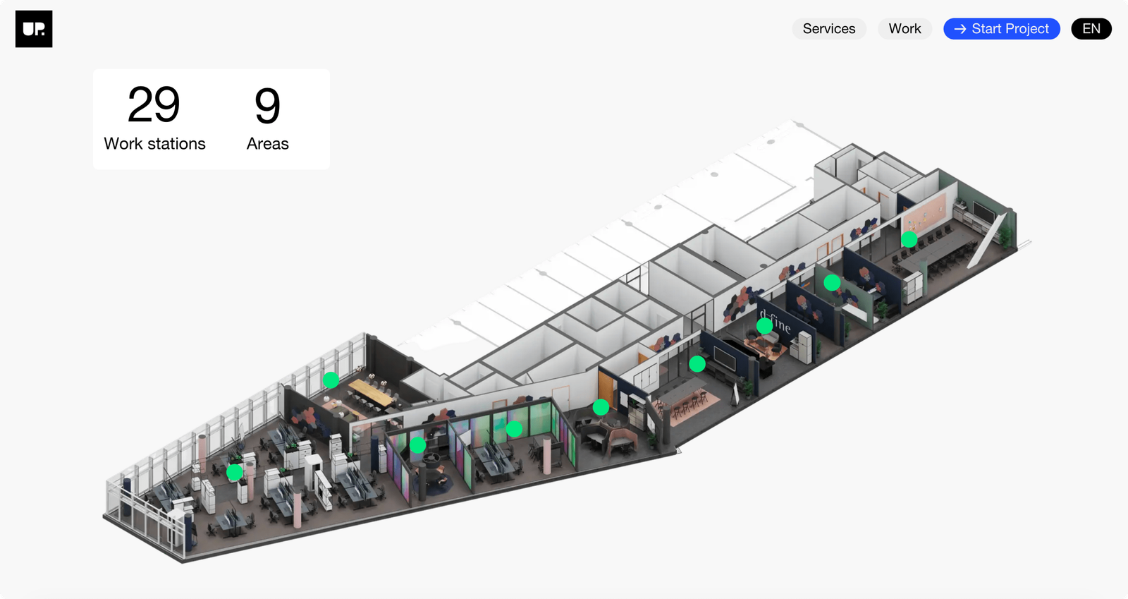 A plan of an office on the UP GREAT site, counting twenty nine work stations across nine areas.