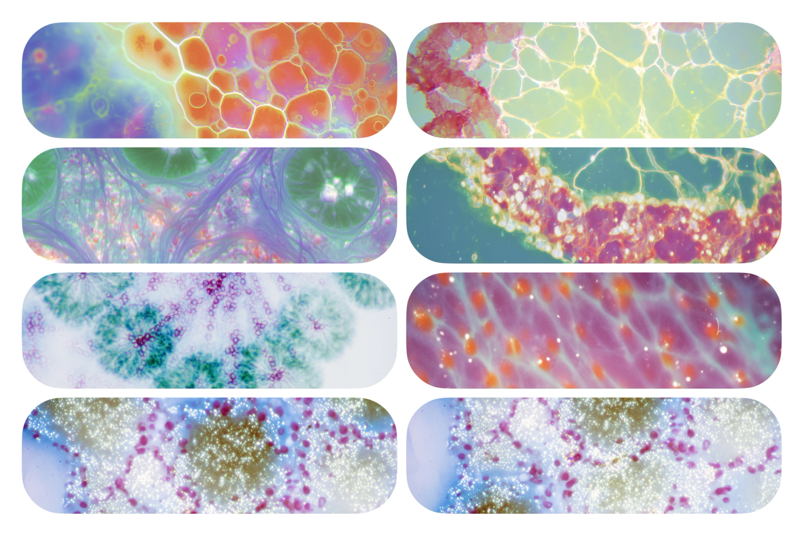 Eight panels of iridescent cellular photography